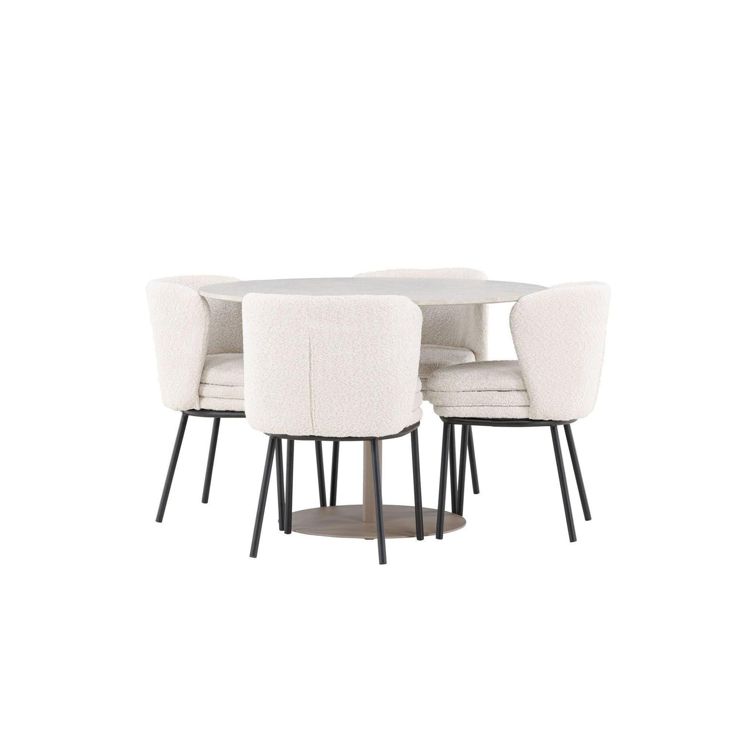Essgruppe Tisch Lycke rund 110cm mit Stühlen Agnes aus Teddy - BoucléEssgruppe Rund