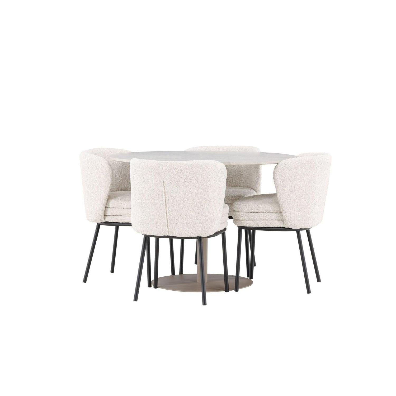 Essgruppe Tisch Lycke rund 110cm mit Stühlen Agnes aus Teddy - BoucléEssgruppe Rund