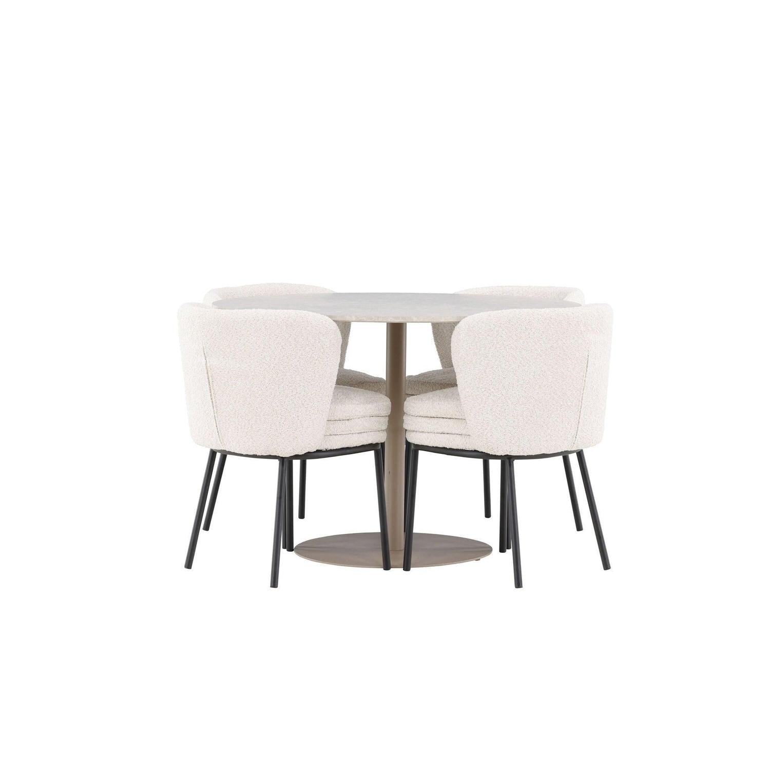 Essgruppe Tisch Lycke rund 110cm mit Stühlen Agnes aus Teddy - BoucléEssgruppe Rund