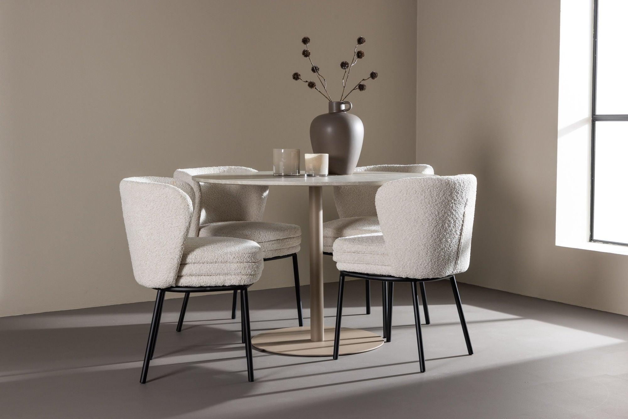 Essgruppe Tisch Lycke rund 110cm mit Stühlen Agnes aus Teddy-Bouclé