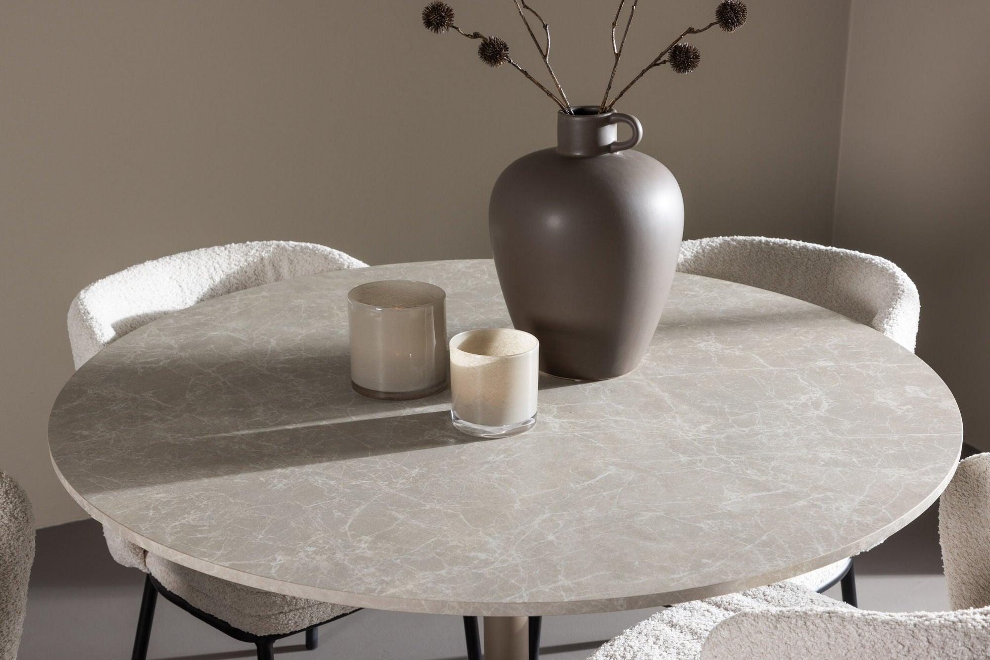 Essgruppe Tisch Lycke rund Ø110cm mit Stühlen Agnes aus Teddy-Bouclé-Essgruppen Rund-Venture Home-le canapé
