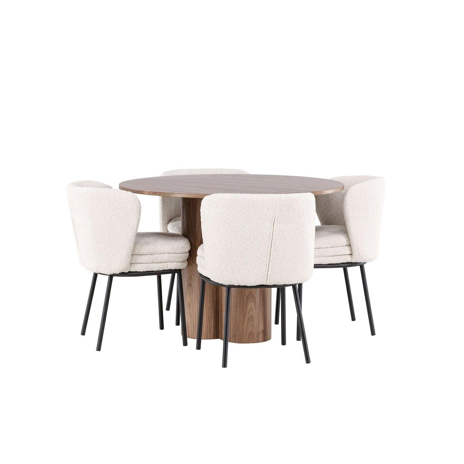 Essgruppe Tisch Olivia rund 110cm mit Stühlen Agnes aus Teddy-Bouclé-Essgruppen Rund-Venture Home-le canapé