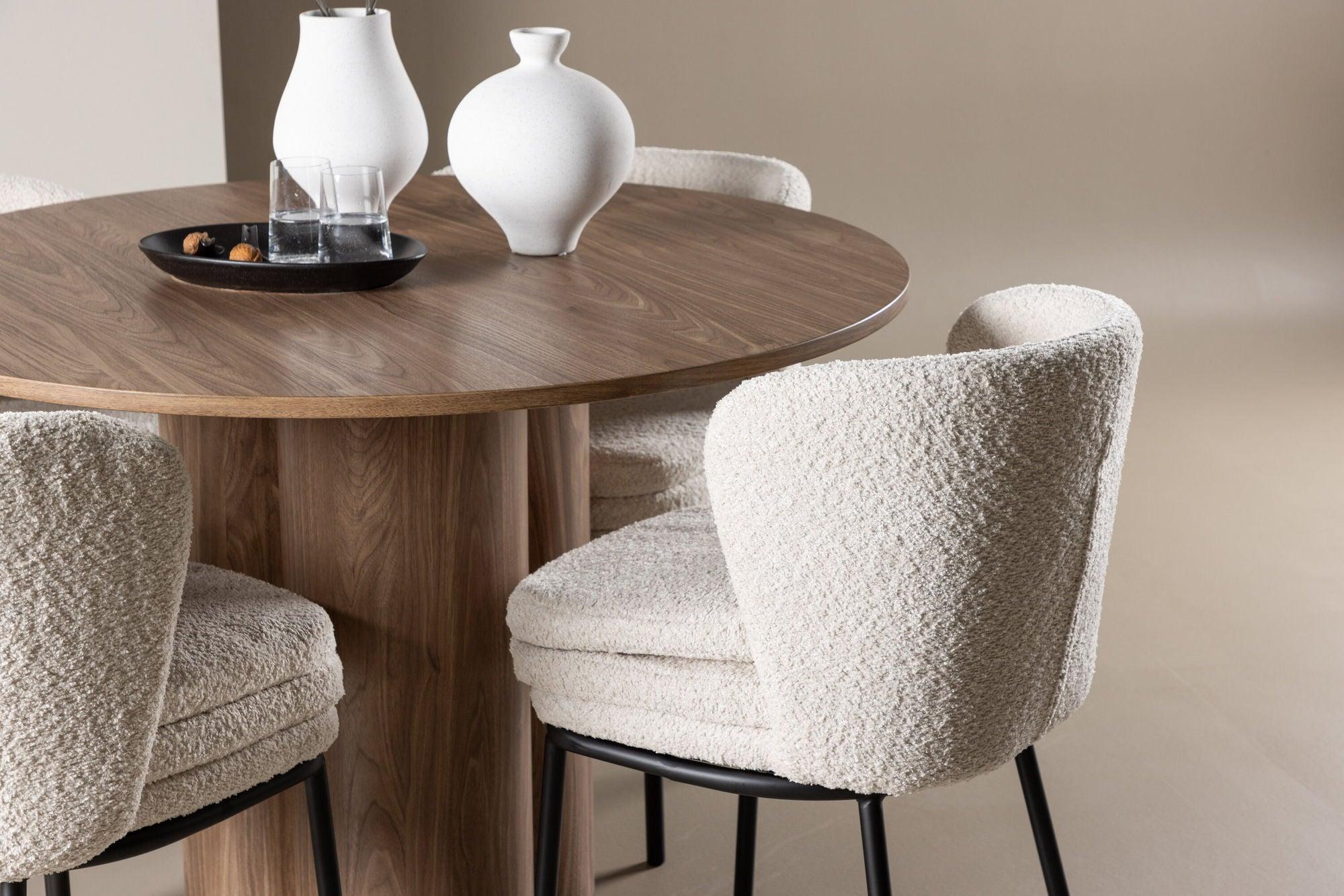 Essgruppe Tisch Olivia rund 110cm mit Stühlen Agnes aus Teddy-Bouclé-Essgruppen Rund-Venture Home-le canapé