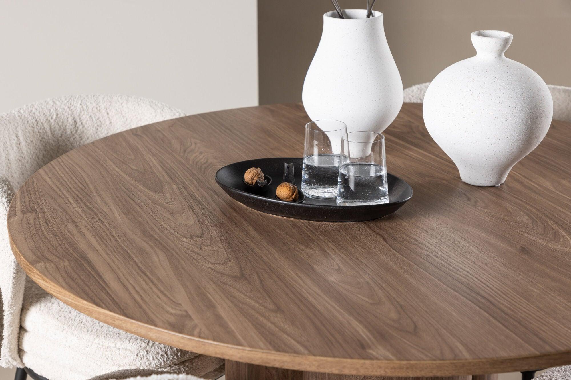 Essgruppe Tisch Olivia rund 110cm mit Stühlen Agnes aus Teddy-Bouclé-Essgruppen Rund-Venture Home-le canapé