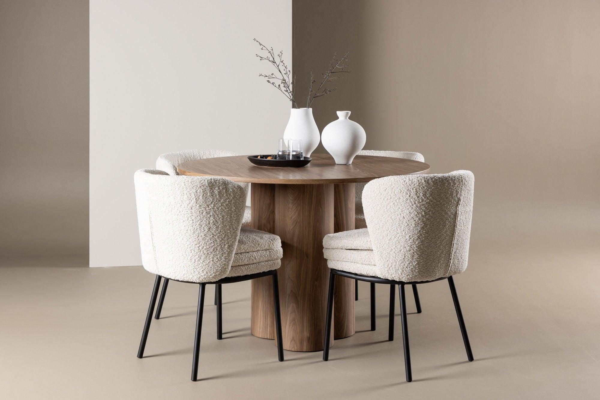 Essgruppe Tisch Olivia rund 110cm mit Stühlen Agnes aus Teddy-Bouclé