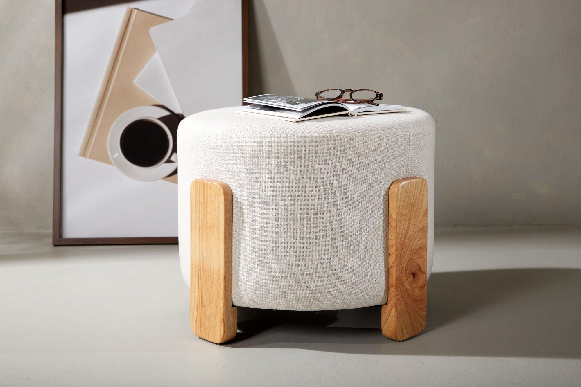 Hocker Coffey aus Leinen mit Holz-Füßen Ø50cm - Beige-Hocker-Venture Home-le canapé