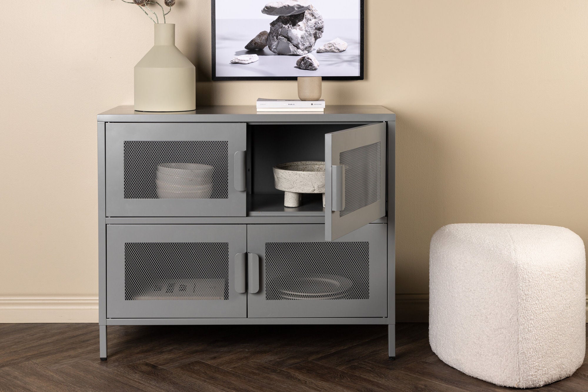 Kommode Nett 90cm mit Gittertüren - Hellgrau-Kommoden-Venture Home-le canapé