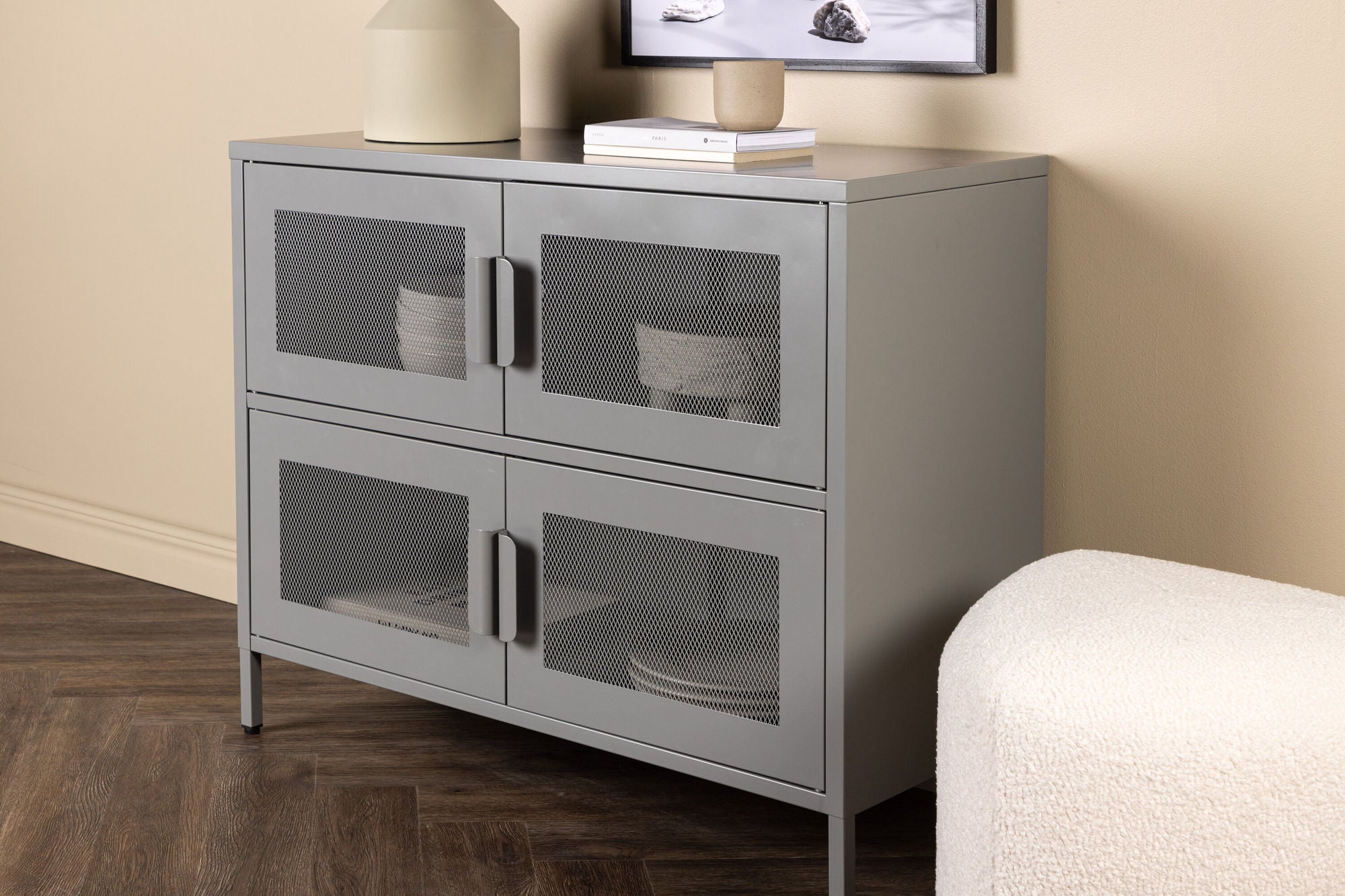 Kommode Nett 90cm mit Gittertüren - Hellgrau-Kommoden-Venture Home-le canapé