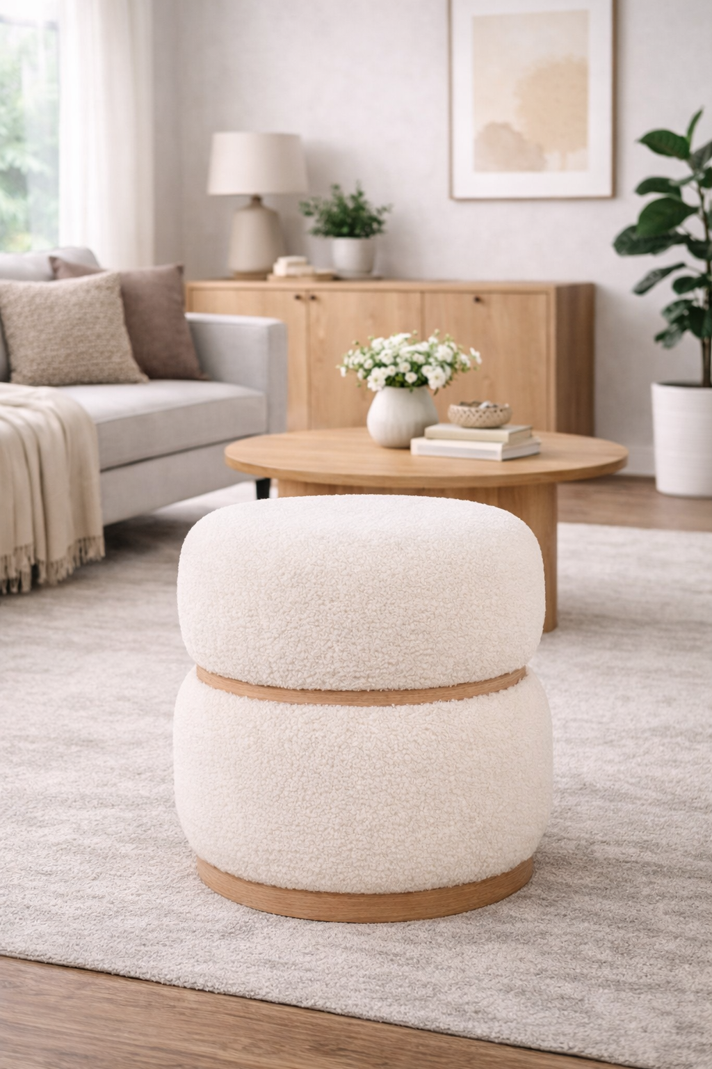 Pouf Milford aus Teddy Bouclé Ø38cm - Weiß-Pouf-House Nordic-le canapé