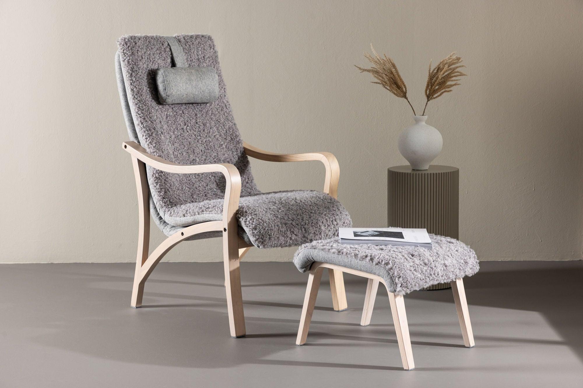 Relaxsessel Fårö mit Hocker aus Teddystoff / Bouclé - Hellgrau-Relaxsessel-Venture Home-le canapé