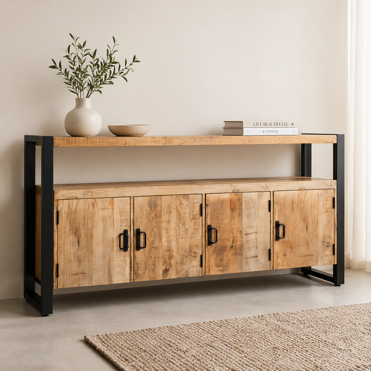 Sideboard Britt aus Mangoholz mit 4 Türen 175cm - Hellbraun-Sideboards-Benoa-le canapé