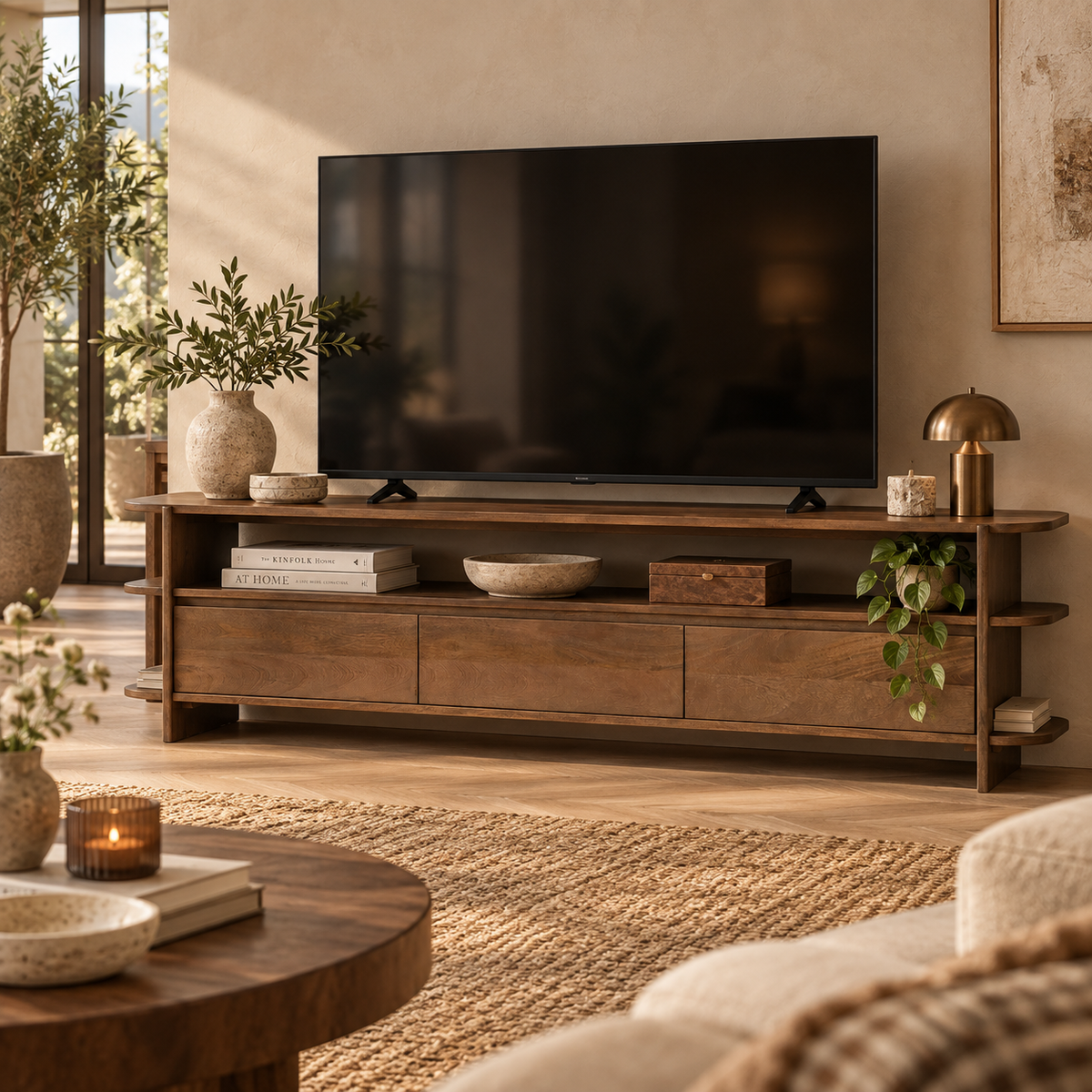 TV-Lowboard Jade 200cm aus Massivholz mit 3 Schubladen - Braun-TV-lowboards-Benoa-le canapé