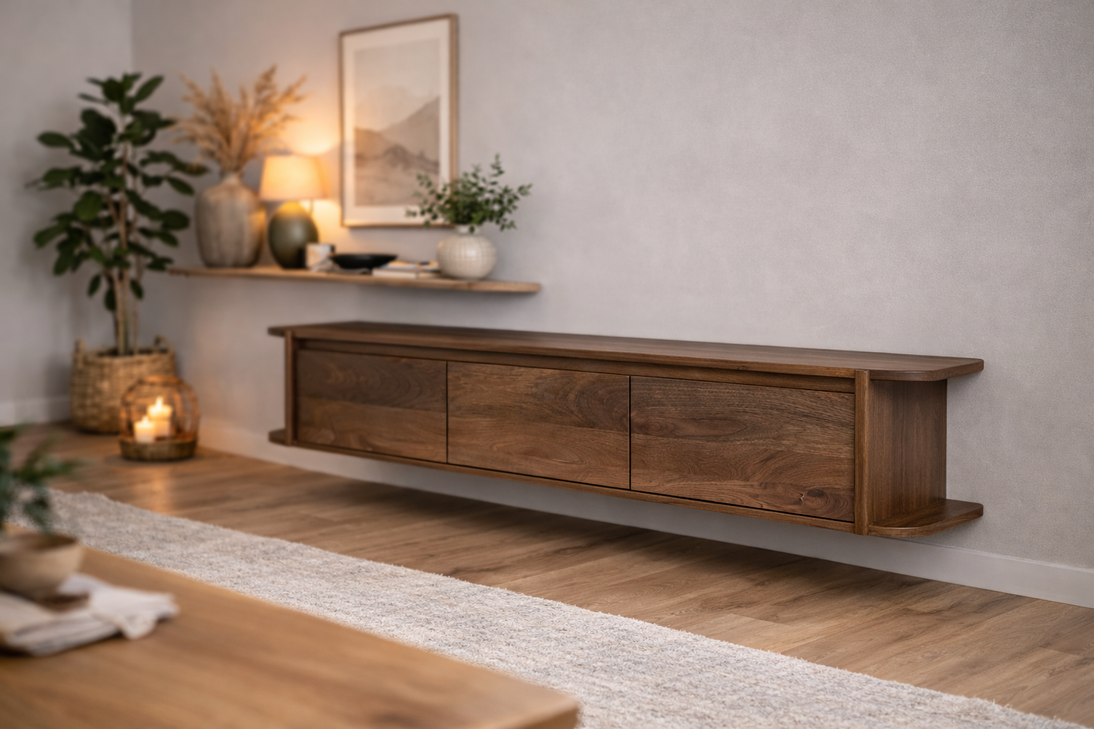 TV-Lowboard Jade schwebend aus Mangoholz 160cm - Dunkelbraun-TV-lowboards-Benoa-le canapé