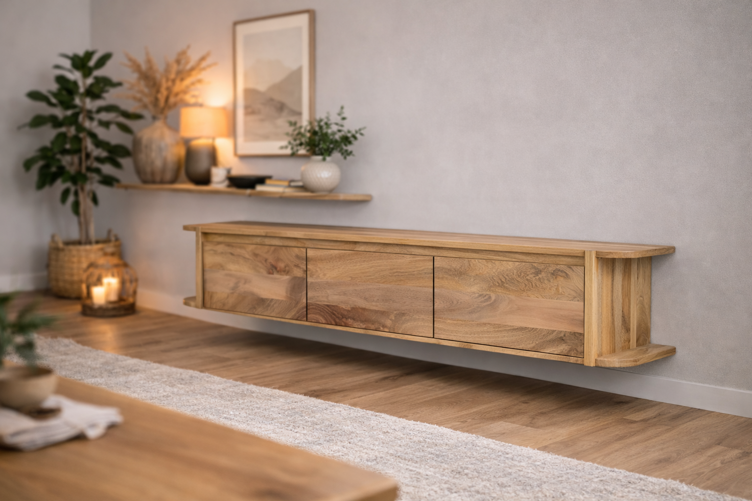 TV-Lowboard Jade schwebend aus Mangoholz 160cm - Hellbraun-TV-lowboards-Benoa-le canapé