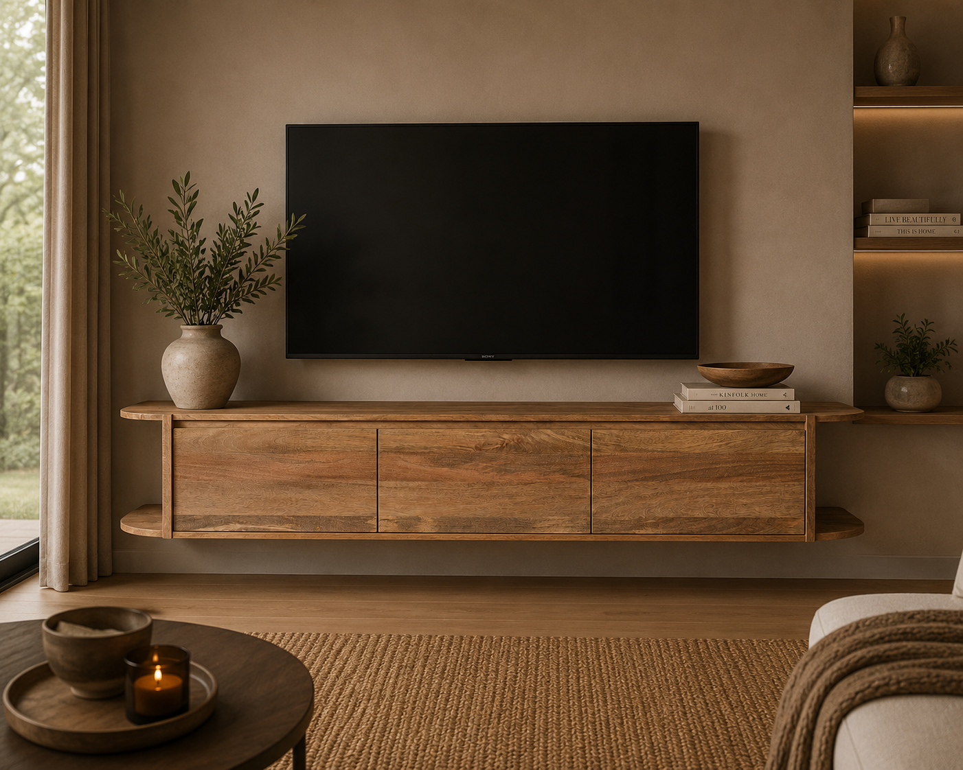 TV-Lowboard Jade schwebend aus Mangoholz 200cm - Hellbraun-TV-lowboards-Benoa-le canapé