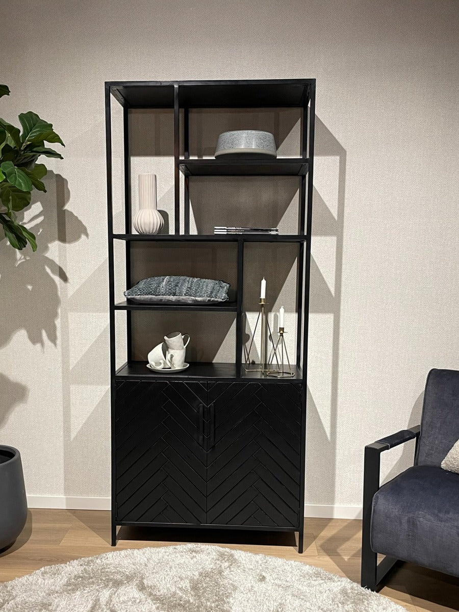TV-Lowboard York 90cm aus Massivholz mit Fischgrätmuster - Schwarz-TV-lowboards-Livingfurn-le canapé
